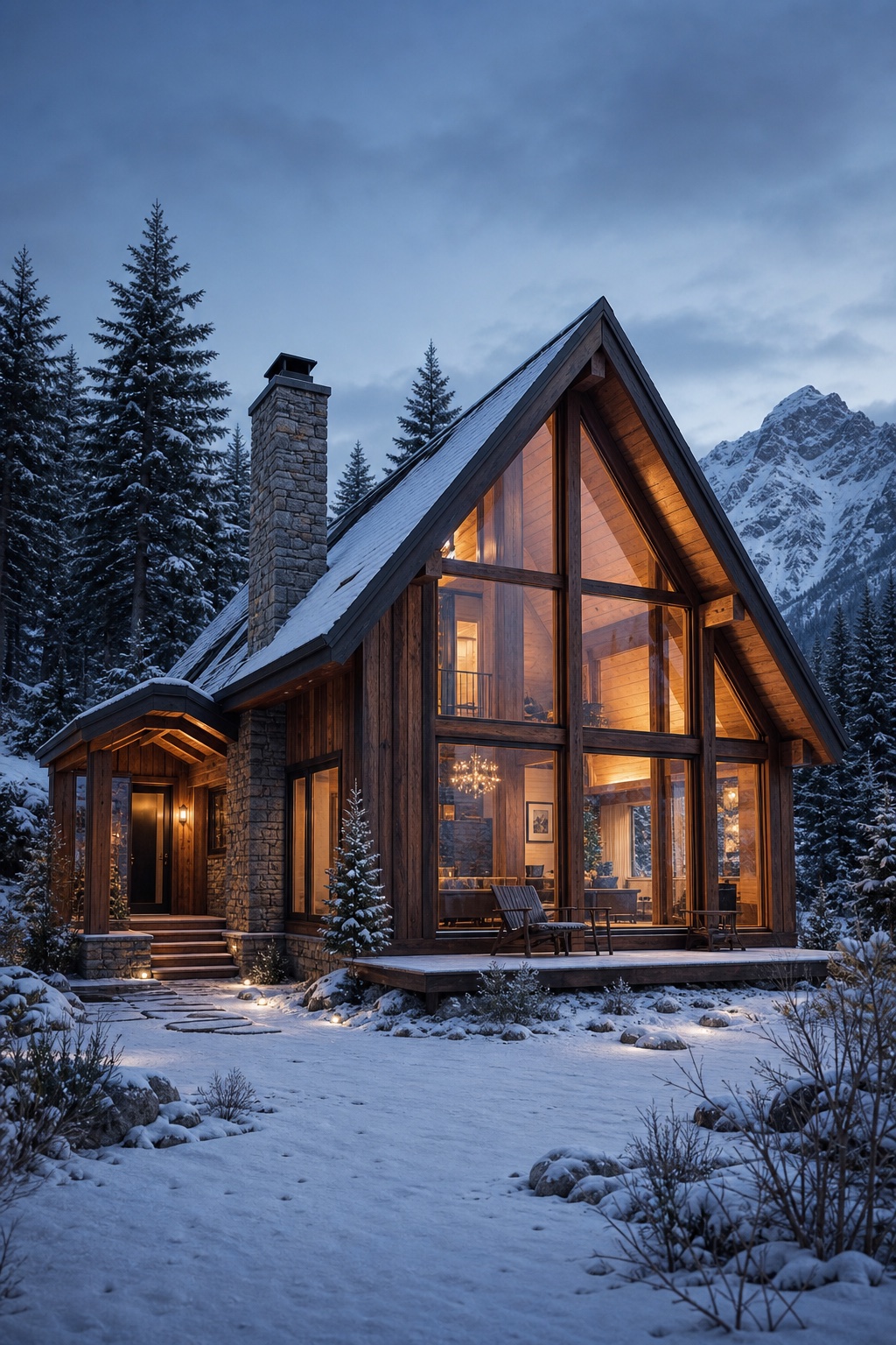 A glass-fronted alpine cabin lit warmly in a snowy pine forest