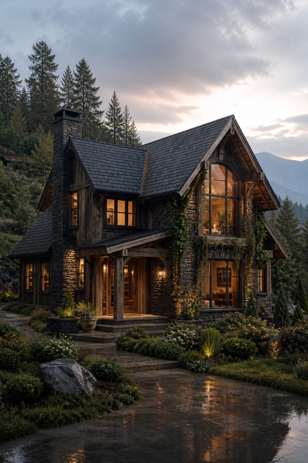 A dark stone and timber cottage surrounded by a lush hillside garden