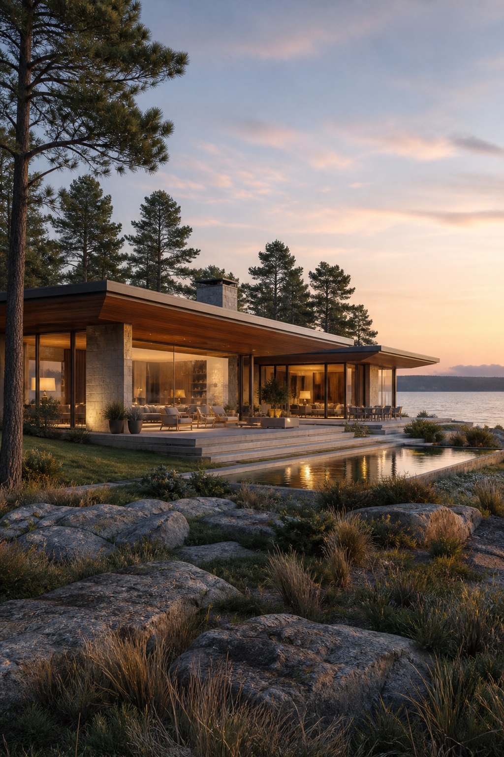 A low modern lakeside home glowing at sunset among rocks and pine trees