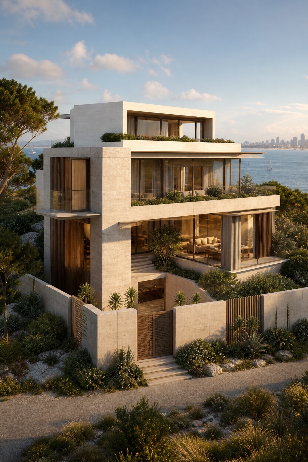 A pale stone coastal home with planted terraces overlooking the water