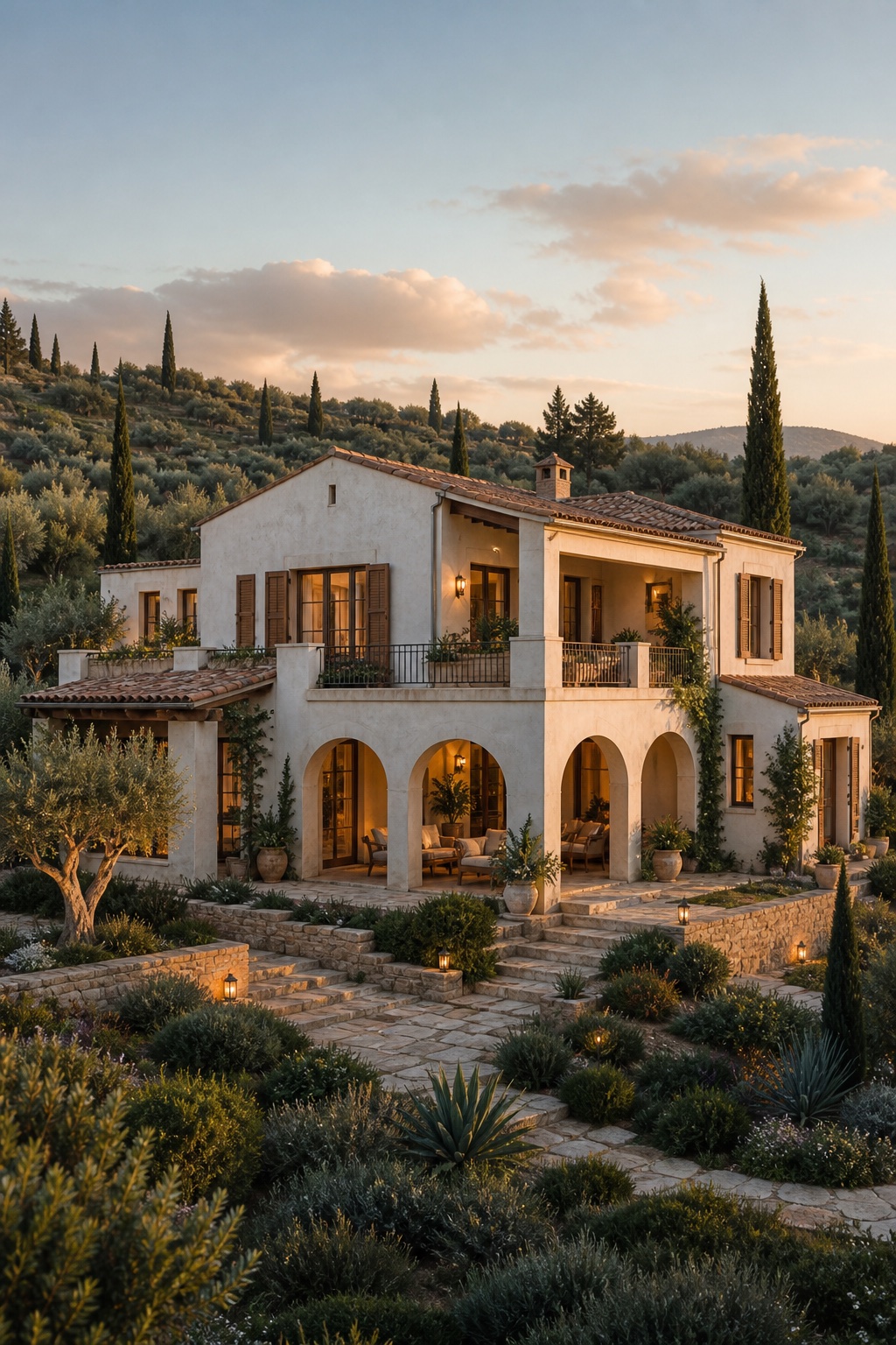 A warm limewashed villa set among olive trees and tall cypresses