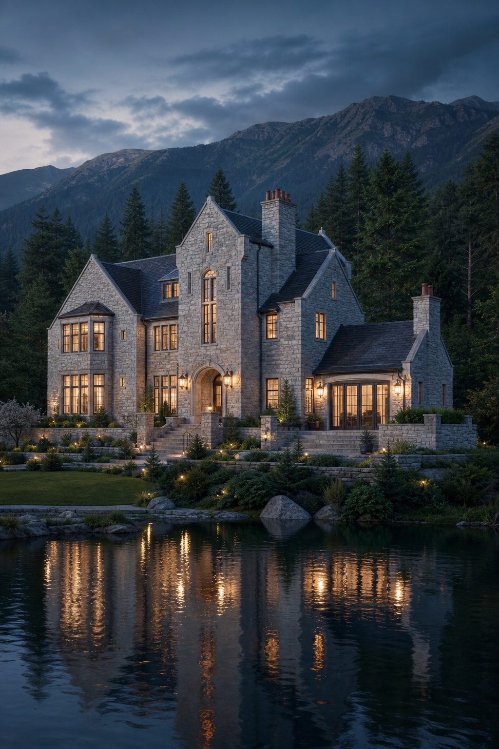 A stately stone manor reflected in a pond beneath the mountains