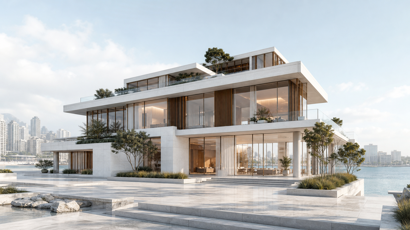A modern terraced building overlooking the game city coastline